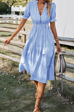 Load image into Gallery viewer, Sky Blue Stripe Button Tassel Tie Detail Frilled Short Sleeve Flared Midi Dress - Fashion Queen -  4
