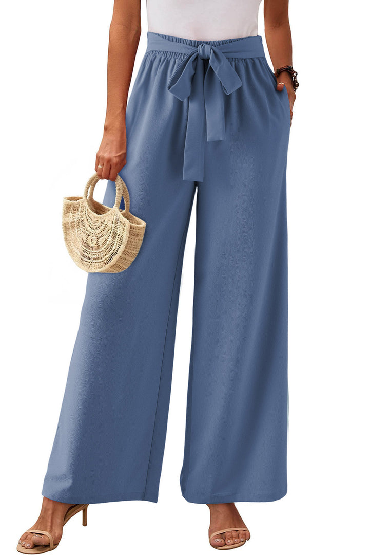 Sail Blue High Waisted Tie Front Side Pocket Wide Leg Flowy Casual Pants