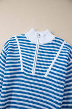 Load image into Gallery viewer, Pink Stripe Zip up Collar Drop Shoulder Sweater - Fashion Queen
