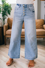 Load image into Gallery viewer, Beau Blue Multi Buttons Pinstripe Wide Leg Jeans
