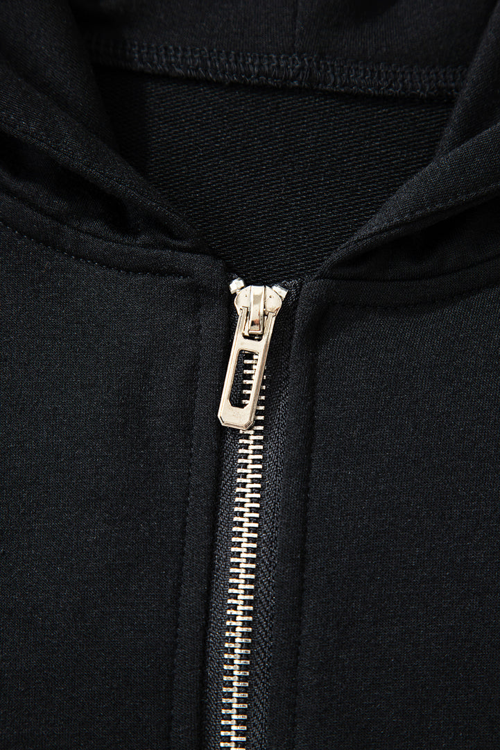 Black Double Zipper Hooded Jacket and Sweatpants Active Set