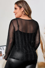 Load image into Gallery viewer, Black Plus Size Shimmer Textured Mesh Fitted Long Sleeve Top
