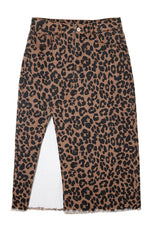 Load image into Gallery viewer, Brown Leopard Denim Frayed Split Denim Midi Skirt
