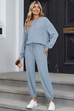 Load image into Gallery viewer, Dusk Blue Solid Color Ribbed Loose Long Sleeve Top Casual Pant Set
