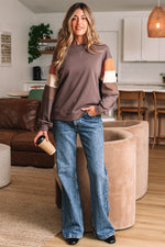 Load image into Gallery viewer, Dark Khaki Color Block Drop Shoulder Pullover Casual Sweatshirt
