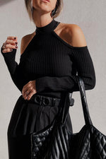 Load image into Gallery viewer, Black Ribbed Knit Cold Shoulder Choker Neck Sweater - Fashion Queen -  1
