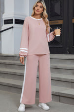 Load image into Gallery viewer, Pink Varsity Stripe Patchwork Puff Sleeve Pullover Drawstring Wide Leg Pant Set
