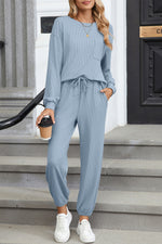Load image into Gallery viewer, Dusk Blue Solid Color Ribbed Loose Long Sleeve Top Casual Pant Set

