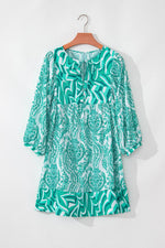 Load image into Gallery viewer, Rose Bohemian Print Puff Sleeve Tied V Neck Flared Mini Dress - Fashion Queen
