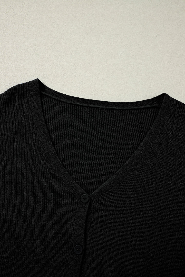 White Lightweight Ribbed Knit Button Front V Neck Cardigan
