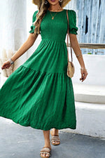Load image into Gallery viewer, Sail Blue Solid Textured Smocked Puff Short Sleeve High Waist Long Dress - Fashion Queen -  7
