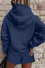 Load image into Gallery viewer, Light Blue Button Drawstring Hooded Pullover and Casual Short Set
