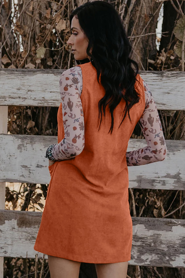 Gold Flame Corduroy Western Embroidered Patched Pocket Shift Sleeveless Mini Dress - Fashion Queen -  2