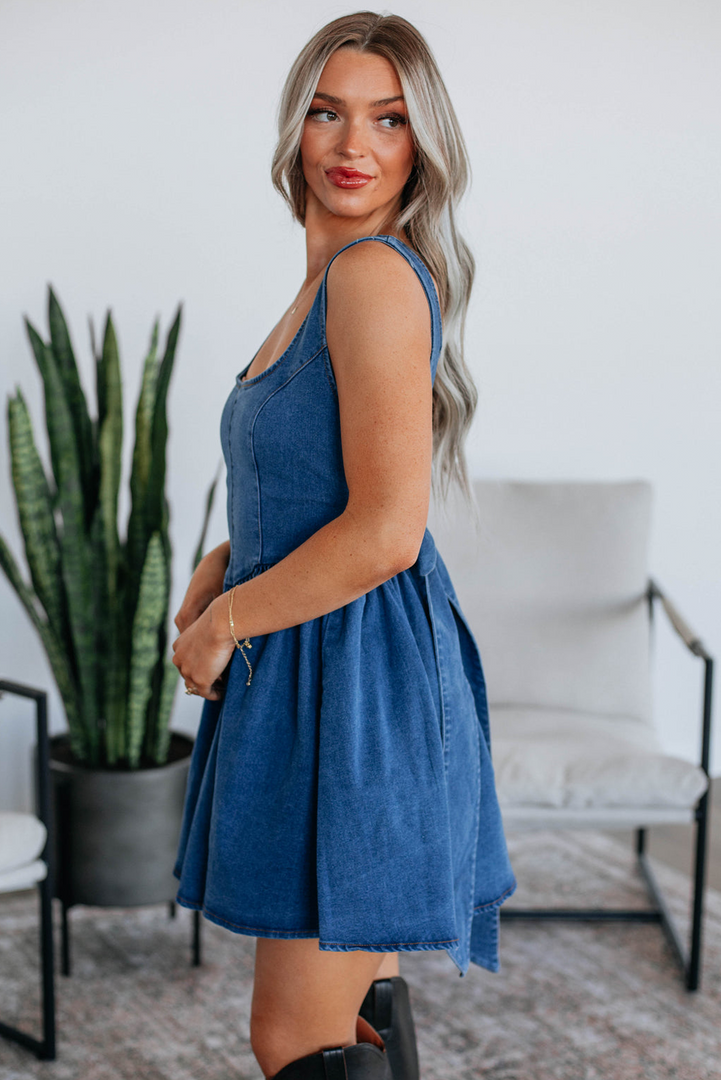 Sail Blue Square Neck Bowknot A-line Sleeveless Denim Dress - Fashion Queen -  3