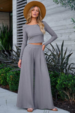 Load image into Gallery viewer, Black Solid Color Ribbed Crop Top Long Pants Set - Fashion Queen
