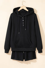 Load image into Gallery viewer, Black Button Drawstring Hooded Pullover and Casual Short Set
