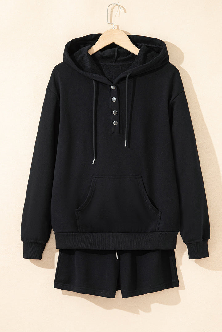 Black Button Drawstring Hooded Pullover and Casual Short Set