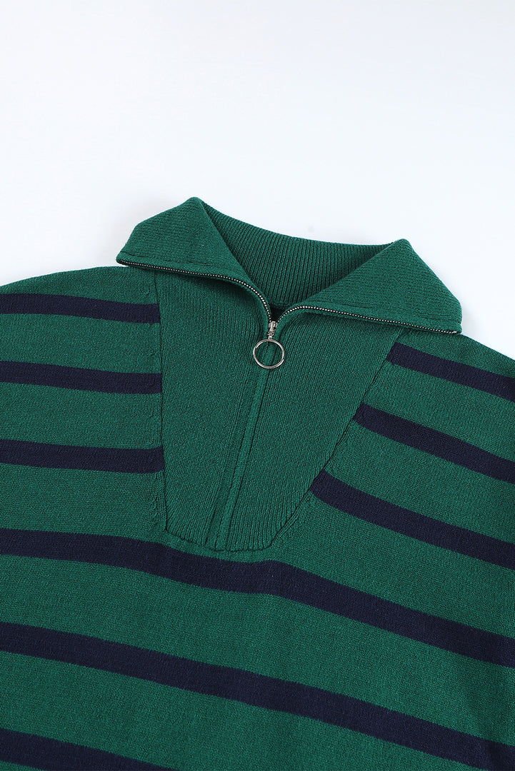 Blue Striped O-ring Zip Collared Loose Sweater Mini Dress