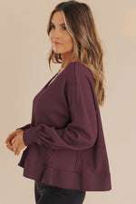 Load image into Gallery viewer, Casual Waffle Knit Notched V Neck Drop Shoulder Solid Sweatshirt
