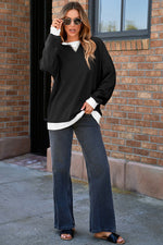 Load image into Gallery viewer, Black Contrast Ribbed Color Block Patchwork Baggy Sweatshirt - Fashion Queen -  5
