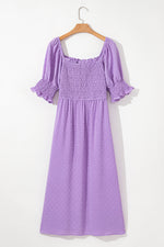 Load image into Gallery viewer, Wisteria Swiss Dot Smocked Frilled Neckline Short Sleeve Plus Size Dress
