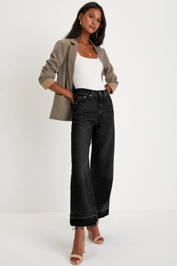 Dusk Blue Raw Hem Straight Leg Loose High Waist Jeans