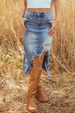 Load image into Gallery viewer, Myosotis Irregular Distressed Bottom Denim Midi Skirt
