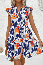 Load image into Gallery viewer, Orange Floral Print Notched Neck Flutter Sleeve Mini Dress - Fashion Queen -  3
