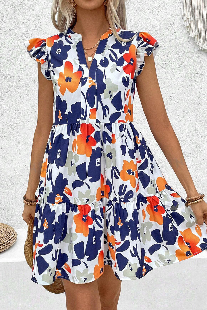 Orange Floral Print Notched Neck Flutter Sleeve Mini Dress - Fashion Queen -  3