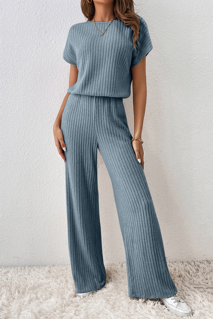 Mist Green Ribbed Keyhole Short Sleeve Wide Leg Jumpsuit - Fashion Queen -  13
