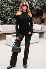 Load image into Gallery viewer, Black Ribbed Knit Cold Shoulder Choker Neck Sweater
