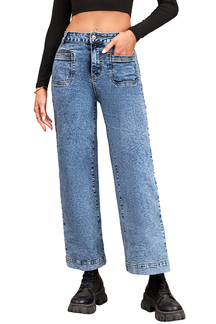 Blue Chic Patch Pocket Straight Leg Loose Jeans