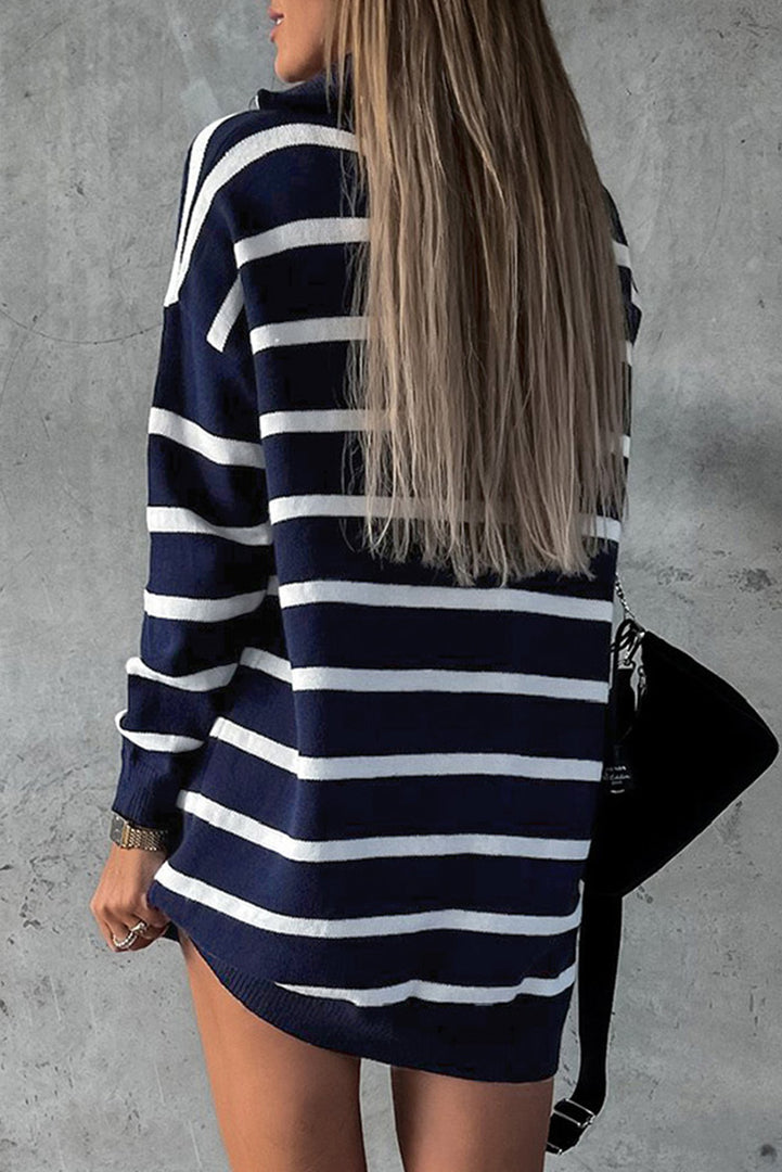 Blue Striped O-ring Zip Collared Loose Sweater Mini Dress - Fashion Queen -  6