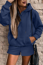 Load image into Gallery viewer, Light Blue Button Drawstring Hooded Pullover and Casual Short Set
