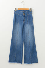 Load image into Gallery viewer, Sail Blue High Waist Button Fly Seamed Raw Hem Flare Jeans