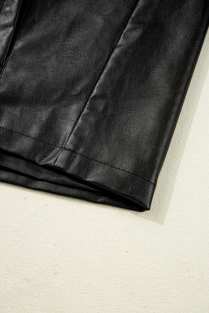 Black Faux Leather Buttoned Front Boxy Jacket