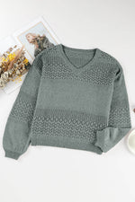 Load image into Gallery viewer, Black Eyelet Pattern Detail V Neck Drop Shoulder Sweater - Fashion Queen
