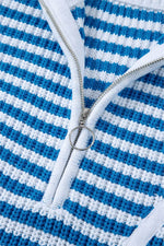 Load image into Gallery viewer, Pink Stripe Zip up Collar Drop Shoulder Sweater - Fashion Queen
