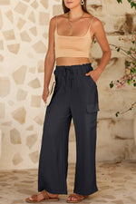 Load image into Gallery viewer, Black Drawstring Frilled Waist Wide Leg Utility Trousers
