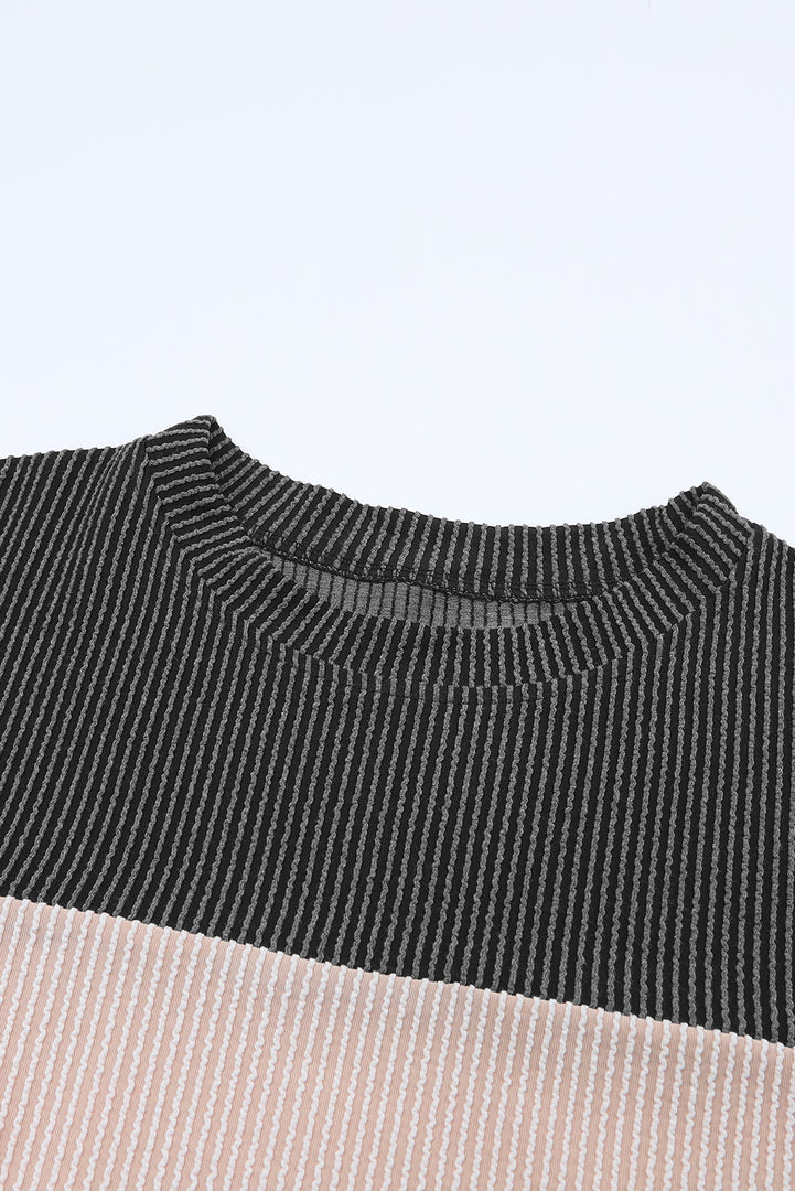 Multicolor Color Block Long Sleeve Ribbed Loose Top