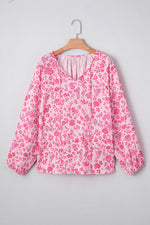 Load image into Gallery viewer, Pink Floral Puff Sleeve Split Neck Lightweight Blouse
