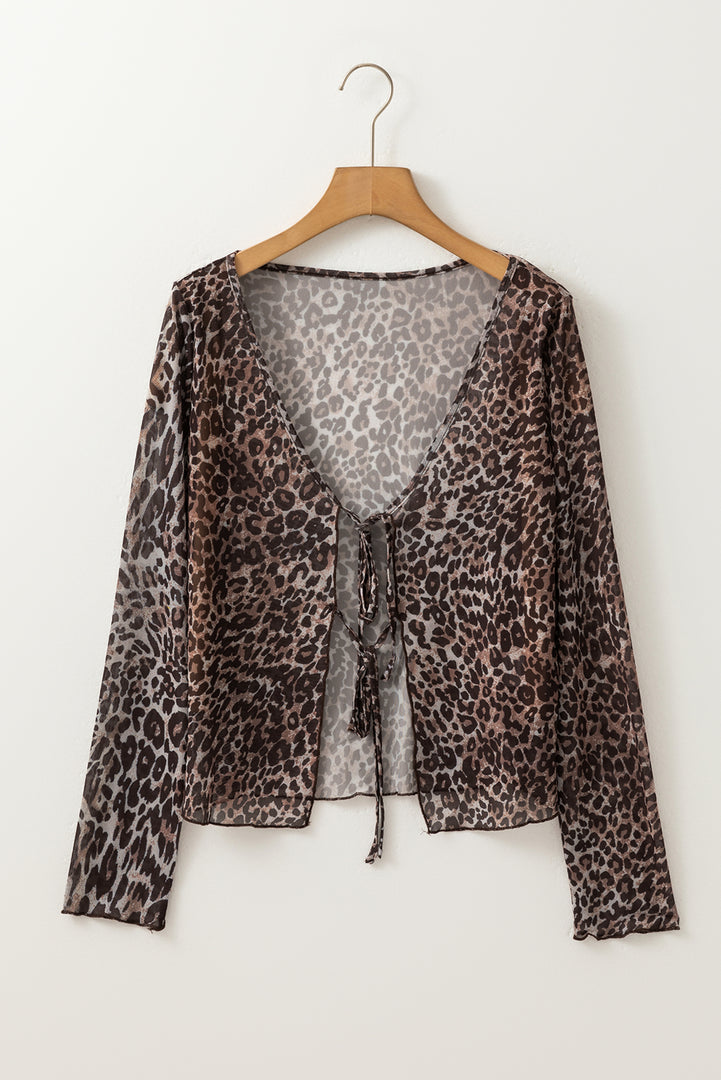 Multicolour Leopard Sheer Mesh Long Sleeve V Neck Lace-up Blouse - Fashion Queen -  8