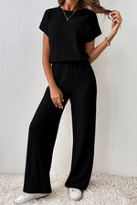 Load image into Gallery viewer, Black Ribbed Keyhole Short Sleeve Wide Leg Jumpsuit - Fashion Queen -  1
