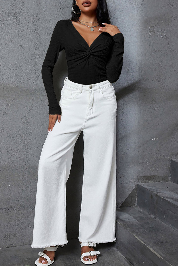 Sky Blue Textured Twist Front V Neck Long Sleeve Slim Solid Color Top - Fashion Queen -  17