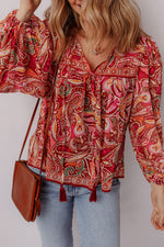 Load image into Gallery viewer, Multicolour Ethnic Paisley Print Tassel Tie Puff Sleeve Boho Blouse - Fashion Queen -  6
