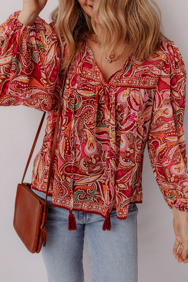 Multicolour Ethnic Paisley Print Tassel Tie Puff Sleeve Boho Blouse - Fashion Queen -  6