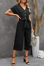 Load image into Gallery viewer, Black Dolman Button Belted V Neck Wide Leg Pocketed Jumpsuit
