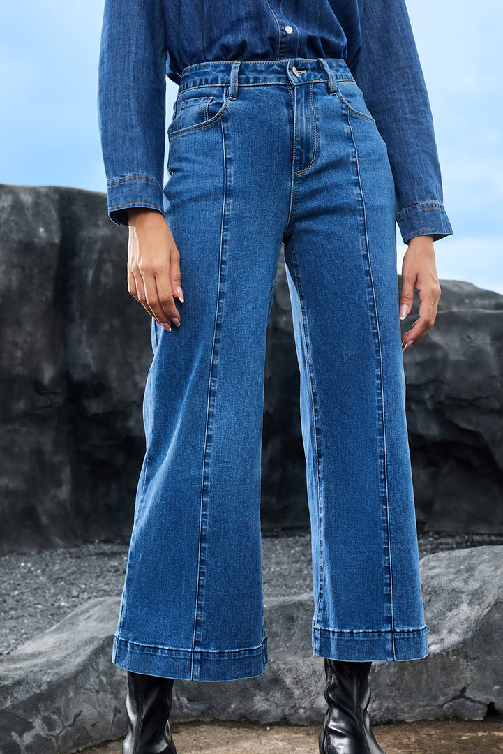 Dark Blue Plain Seam Detail Flared Bottom Ankle Length Jeans - Fashion Queen -  5