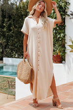 Load image into Gallery viewer, Apricot Crinkled Buttons Maxi Beach Dress with Slits
