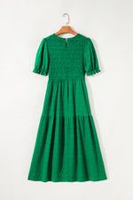 Load image into Gallery viewer, Sail Blue Solid Textured Smocked Puff Short Sleeve High Waist Long Dress - Fashion Queen -  14

